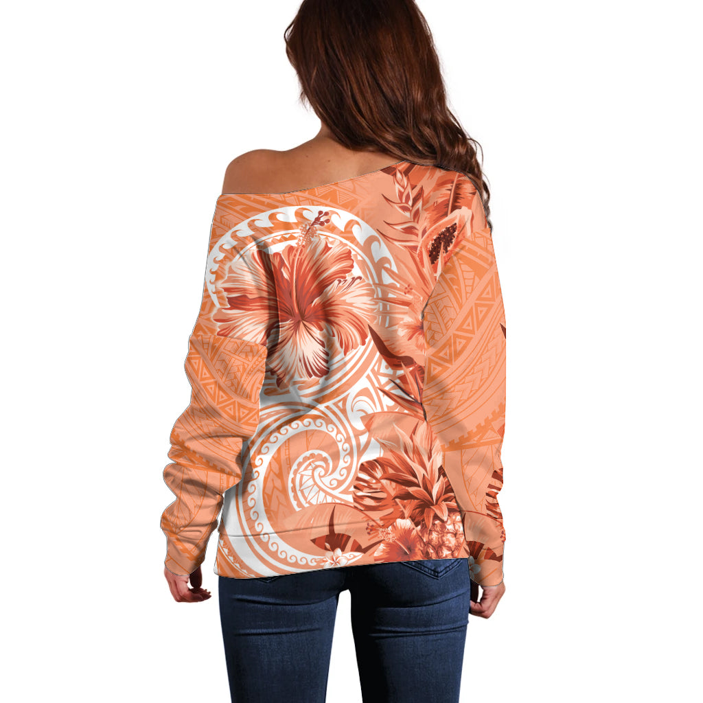Polynesian Hibiscus Flower Tribal Off Shoulder Sweater Peach Color