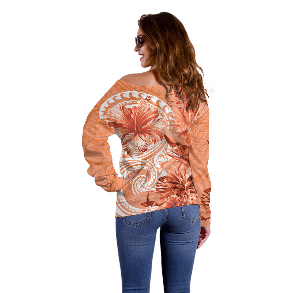 Polynesian Hibiscus Flower Tribal Off Shoulder Sweater Peach Color
