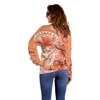 Polynesian Hibiscus Flower Tribal Off Shoulder Sweater Peach Color