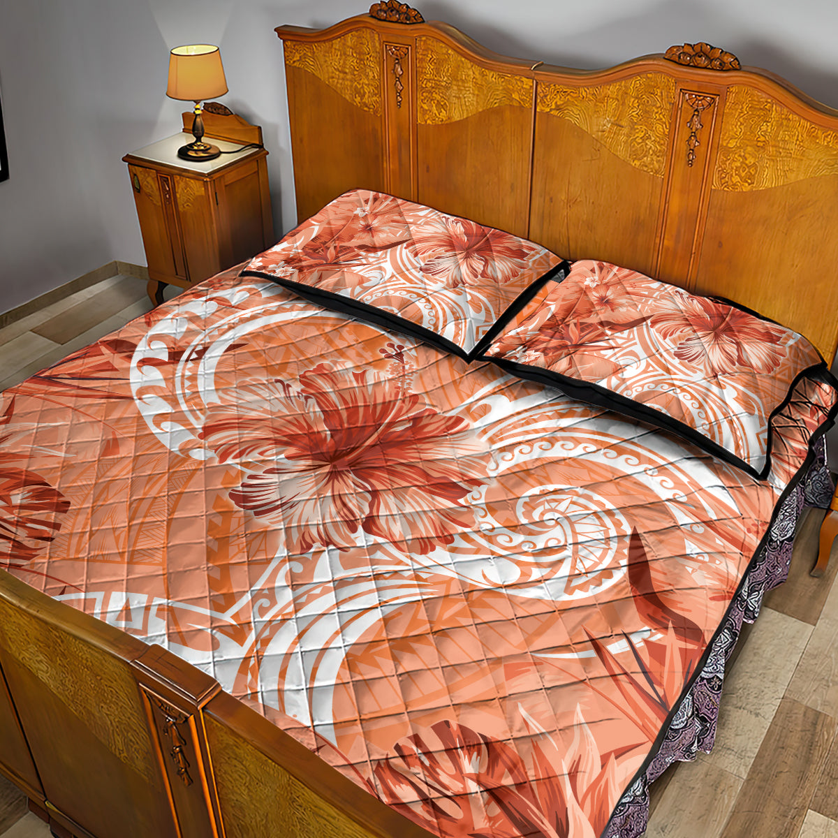 Polynesian Hibiscus Flower Tribal Quilt Bed Set Peach Color