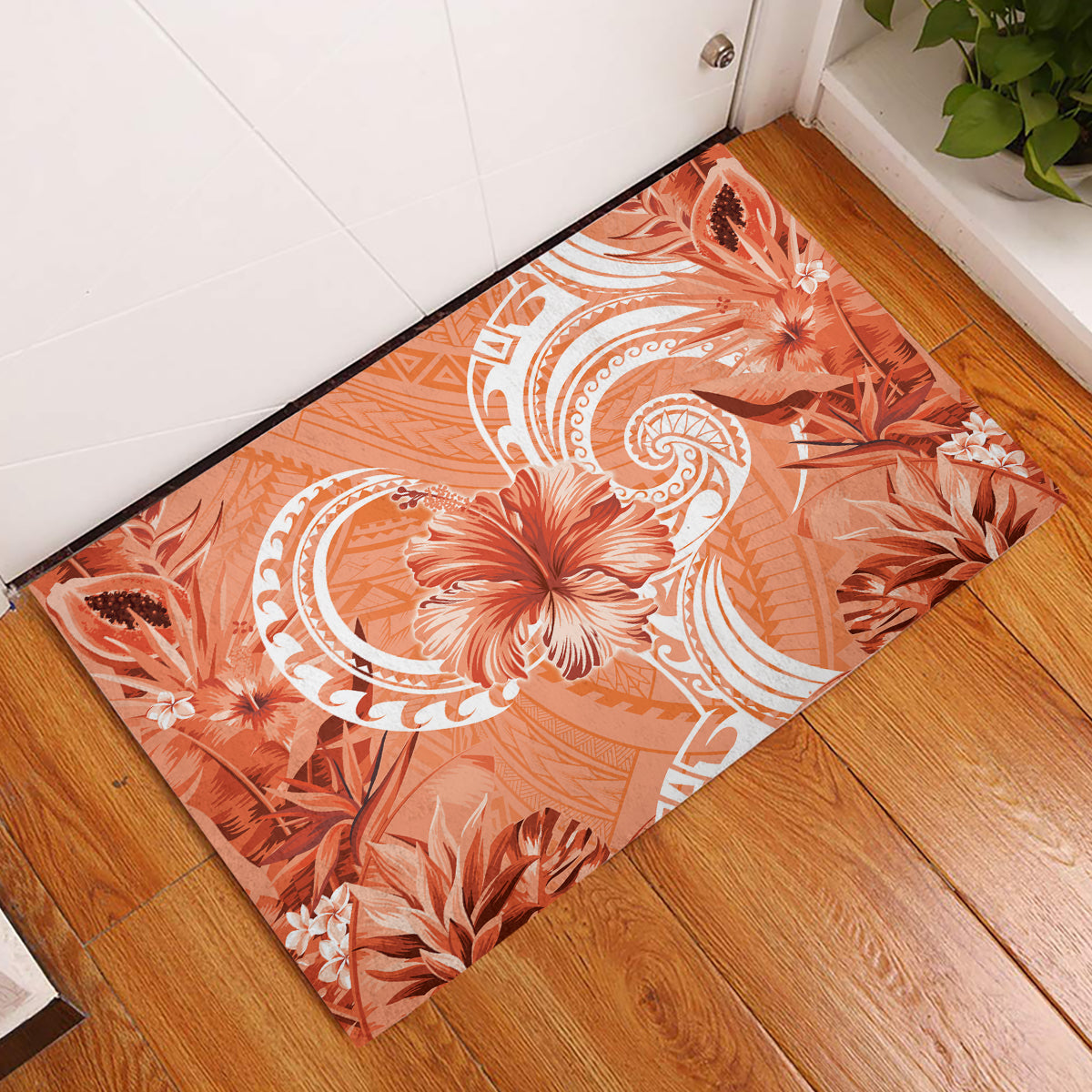 Polynesian Hibiscus Flower Tribal Rubber Doormat Peach Color LT9 Peach - Polynesian Pride