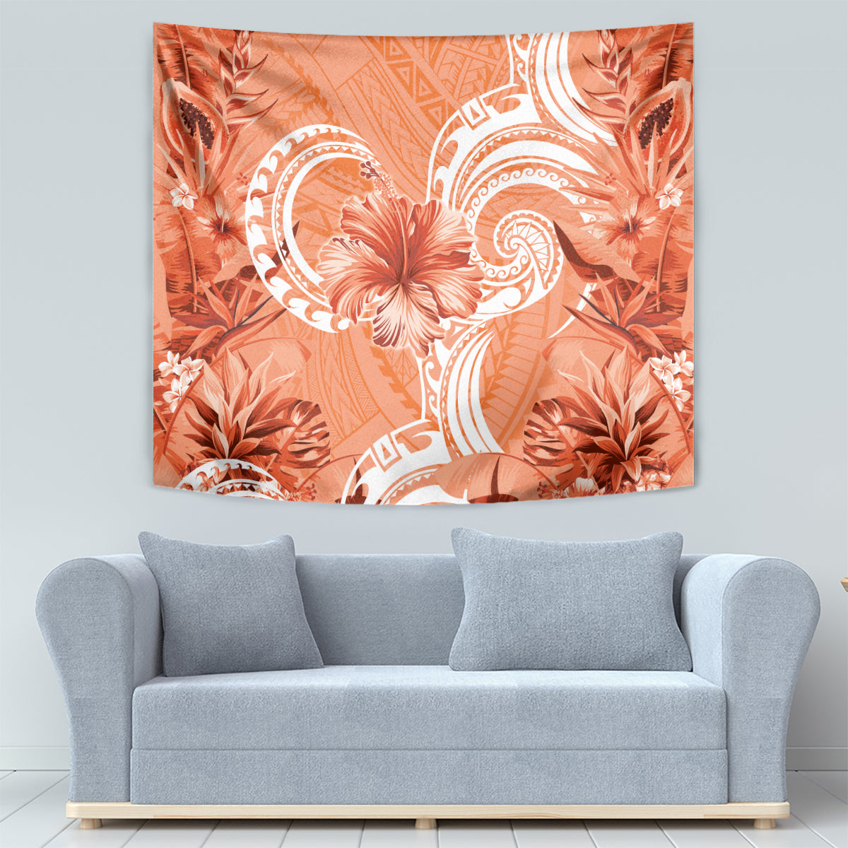 Polynesian Hibiscus Flower Tribal Tapestry Peach Color