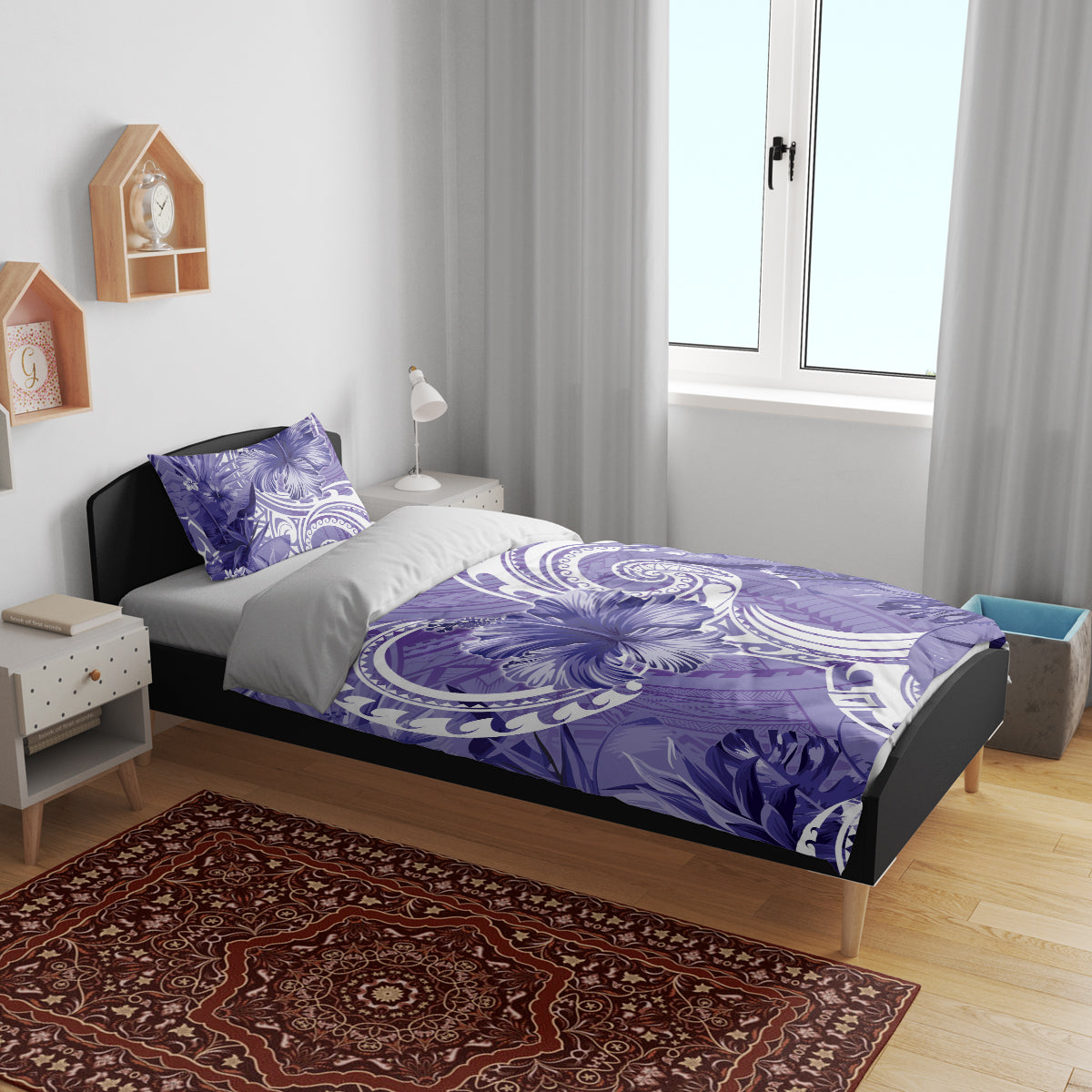 Polynesian Hibiscus Flower Tribal Bedding Set Violet Color