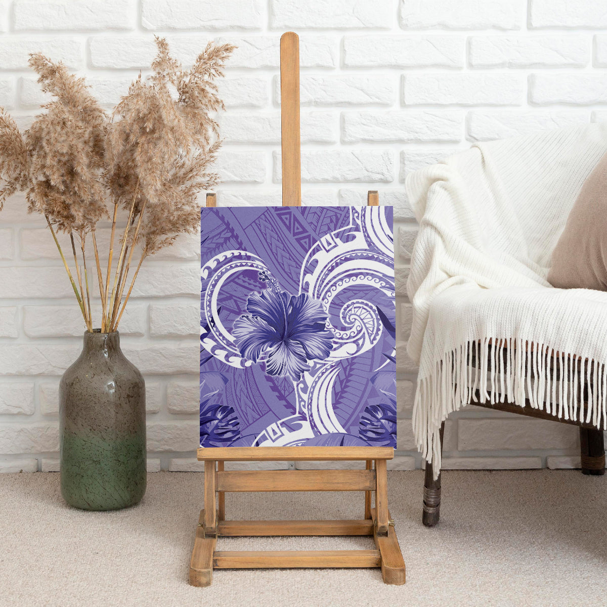 Polynesian Hibiscus Flower Tribal Canvas Wall Art Violet Color