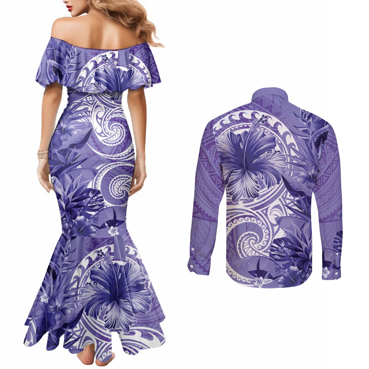 Polynesian Hibiscus Flower Tribal Couples Matching Mermaid Dress and Long Sleeve Button Shirt Violet Color LT9 - Polynesian Pride