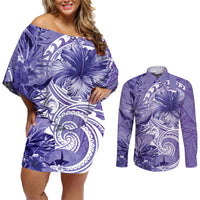 Polynesian Hibiscus Flower Tribal Couples Matching Off Shoulder Short Dress and Long Sleeve Button Shirt Violet Color