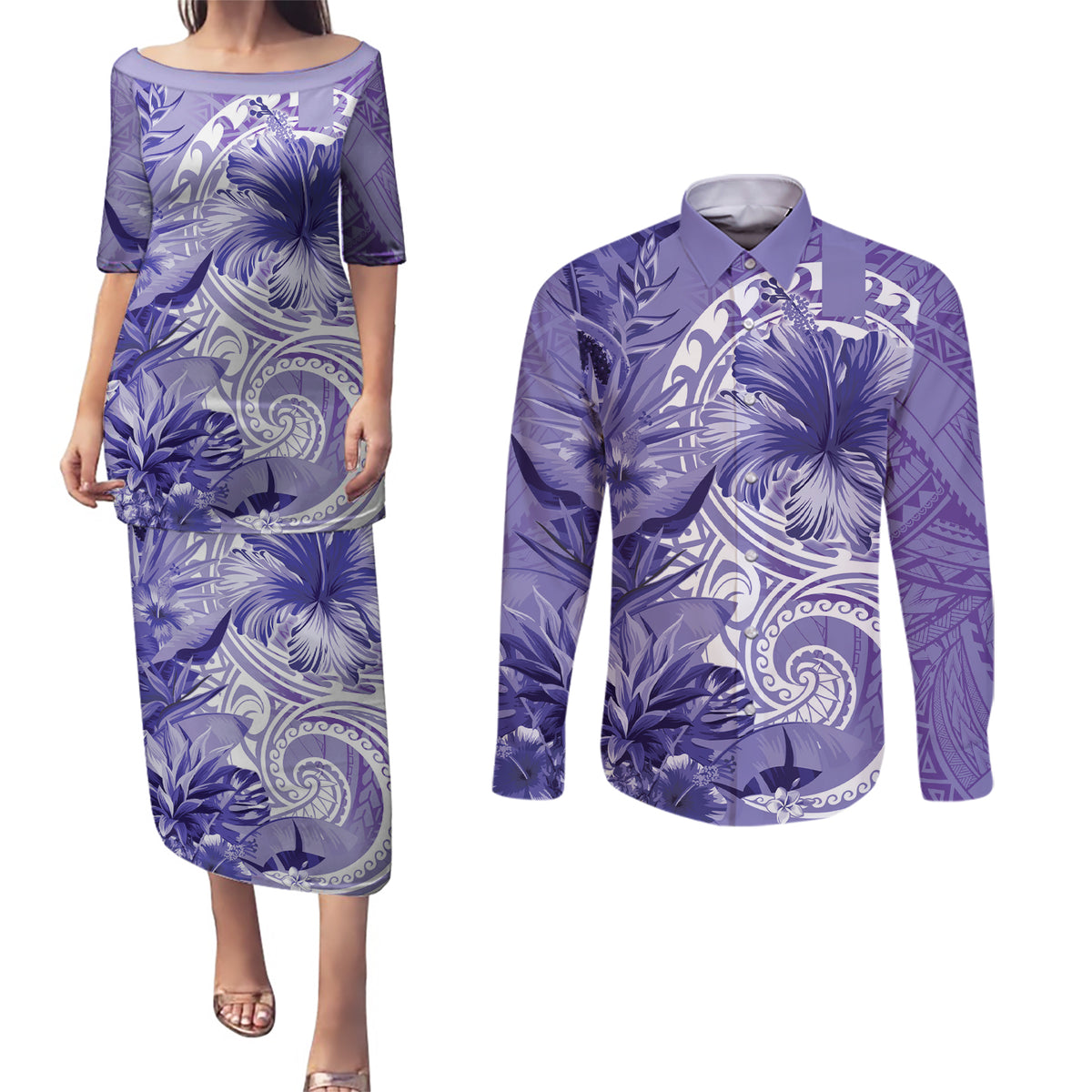 Polynesian Hibiscus Flower Tribal Couples Matching Puletasi and Long Sleeve Button Shirt Violet Color