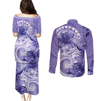 Polynesian Hibiscus Flower Tribal Couples Matching Puletasi and Long Sleeve Button Shirt Violet Color