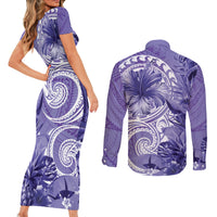 Polynesian Hibiscus Flower Tribal Couples Matching Short Sleeve Bodycon Dress and Long Sleeve Button Shirt Violet Color LT9 - Polynesian Pride