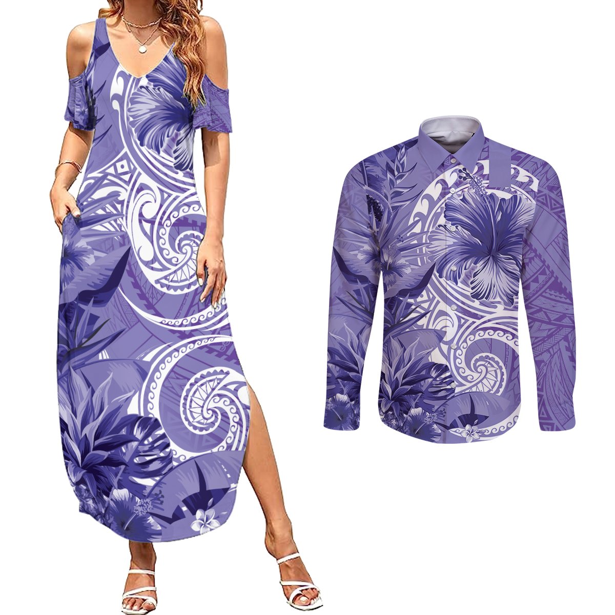 Polynesian Hibiscus Flower Tribal Couples Matching Summer Maxi Dress and Long Sleeve Button Shirt Violet Color