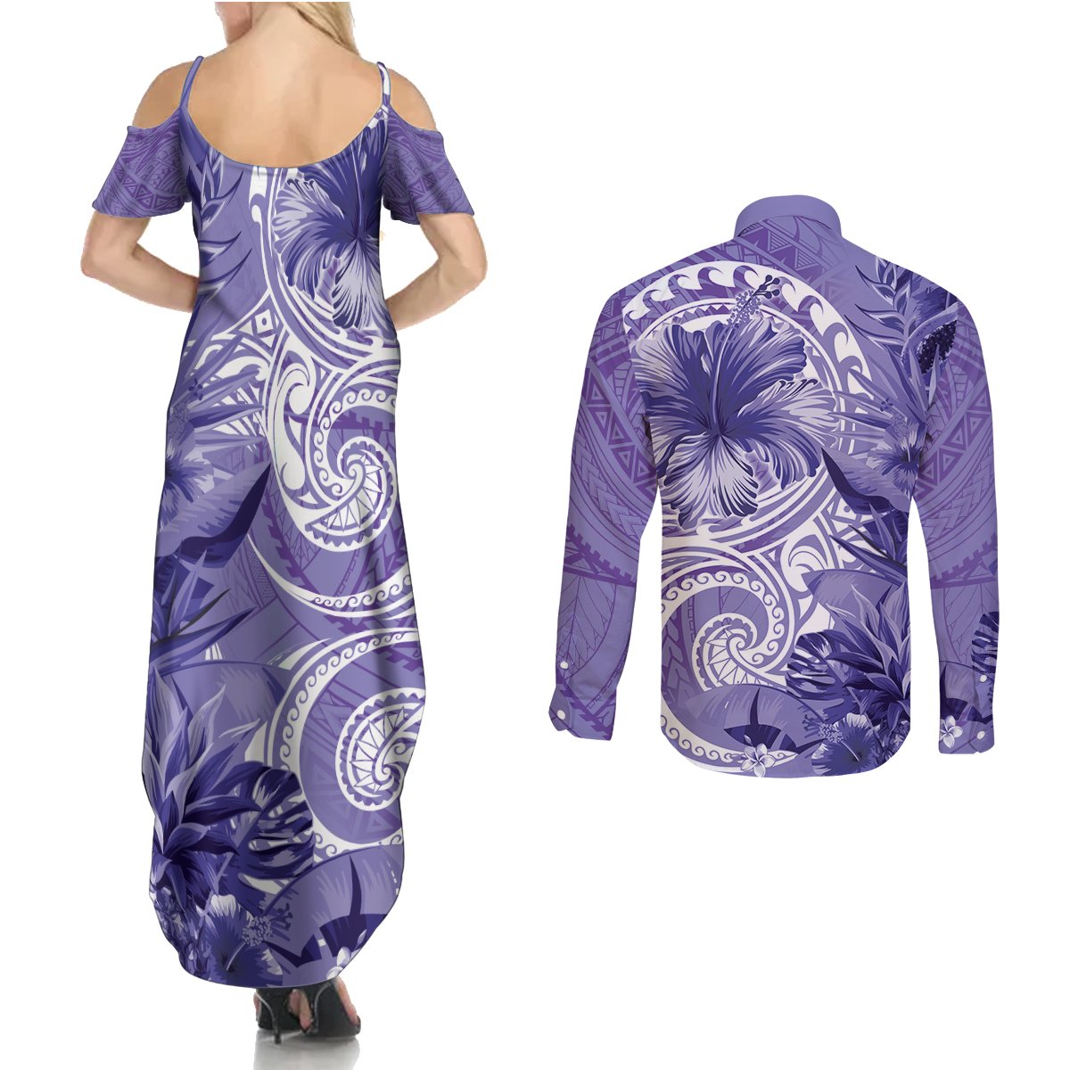 Polynesian Hibiscus Flower Tribal Couples Matching Summer Maxi Dress and Long Sleeve Button Shirt Violet Color