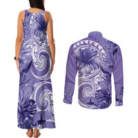 Polynesian Hibiscus Flower Tribal Couples Matching Tank Maxi Dress and Long Sleeve Button Shirt Violet Color LT9 - Polynesian Pride