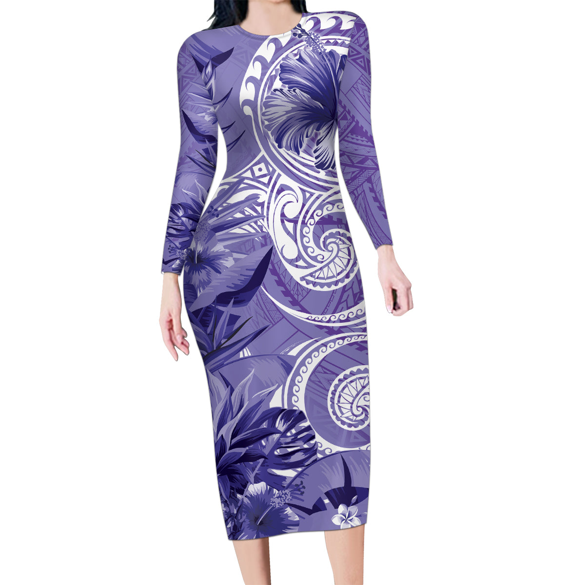 Polynesian Hibiscus Flower Tribal Family Matching Long Sleeve Bodycon Dress and Hawaiian Shirt Violet Color LT9 Mom's Dress Violet - Polynesian Pride