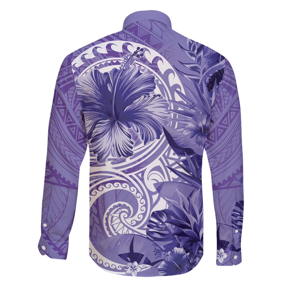 Polynesian Hibiscus Flower Tribal Family Matching Off The Shoulder Long Sleeve Dress and Hawaiian Shirt Violet Color