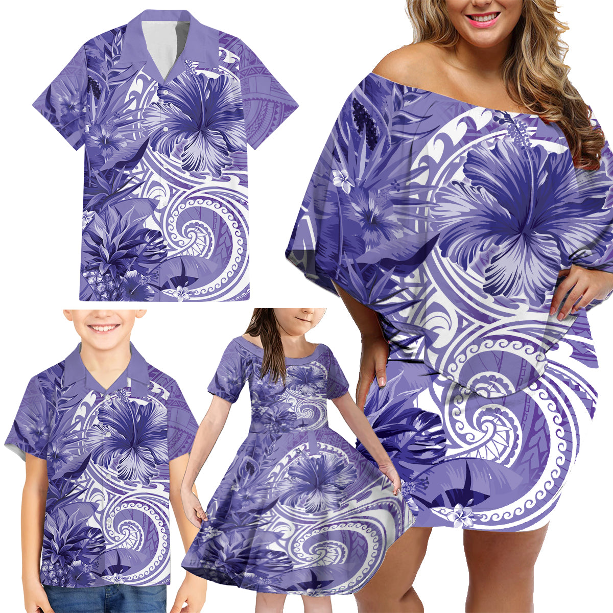 Polynesian Hibiscus Flower Tribal Family Matching Off Shoulder Short Dress and Hawaiian Shirt Violet Color LT9 - Polynesian Pride