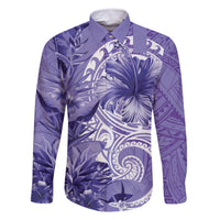 Polynesian Hibiscus Flower Tribal Family Matching Off Shoulder Short Dress and Hawaiian Shirt Violet Color LT9 Dad's Shirt - Long Sleeve Violet - Polynesian Pride
