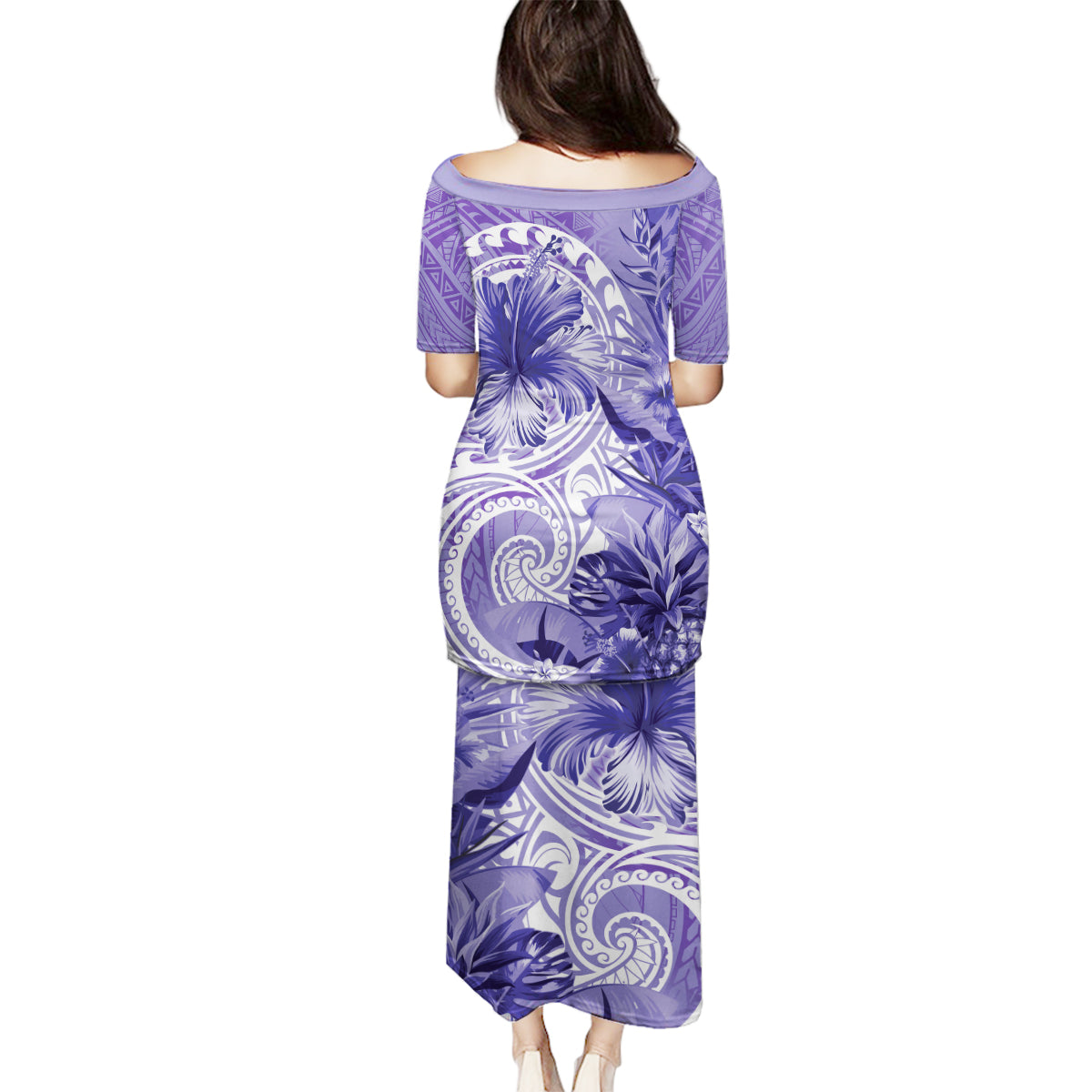 Polynesian Hibiscus Flower Tribal Family Matching Puletasi and Hawaiian Shirt Violet Color