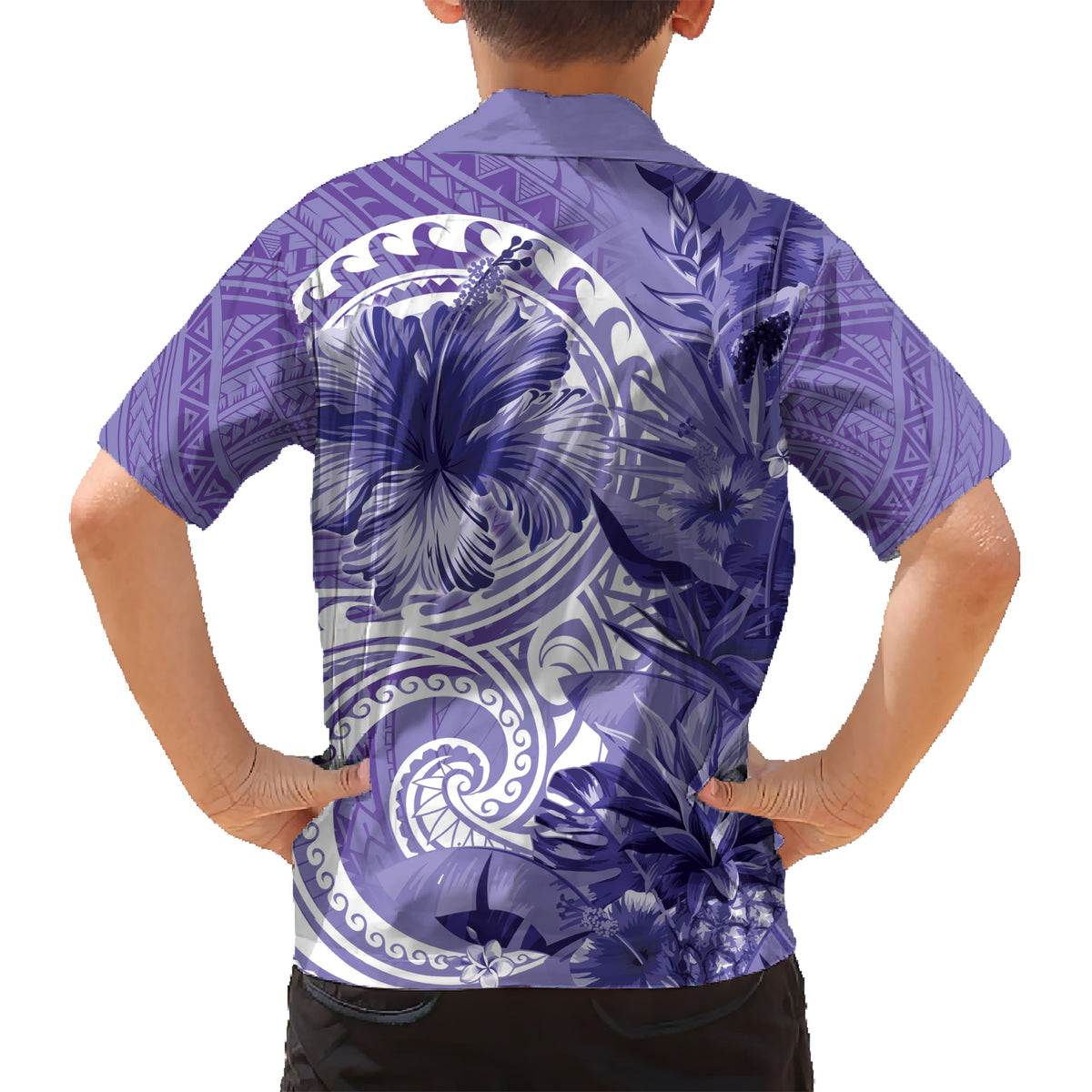 Polynesian Hibiscus Flower Tribal Family Matching Short Sleeve Bodycon Dress and Hawaiian Shirt Violet Color LT9 - Polynesian Pride