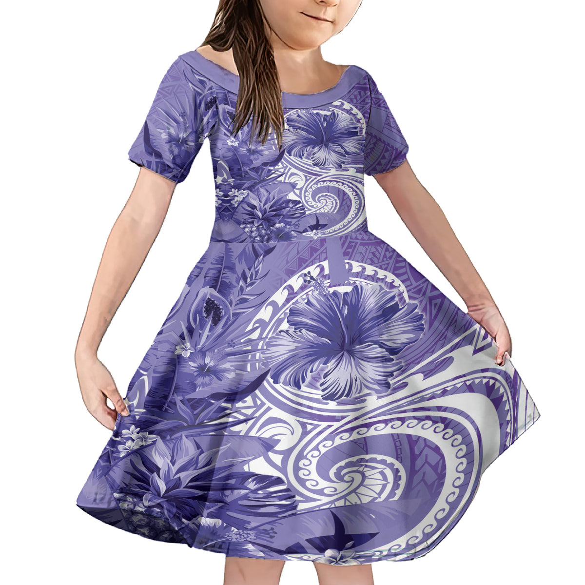 Polynesian Hibiscus Flower Tribal Family Matching Short Sleeve Bodycon Dress and Hawaiian Shirt Violet Color LT9 Daughter's Dress Violet - Polynesian Pride