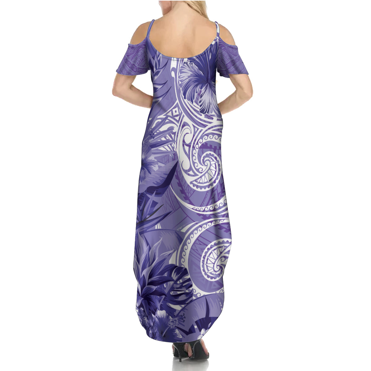 Polynesian Hibiscus Flower Tribal Family Matching Summer Maxi Dress and Hawaiian Shirt Violet Color LT9 - Polynesian Pride