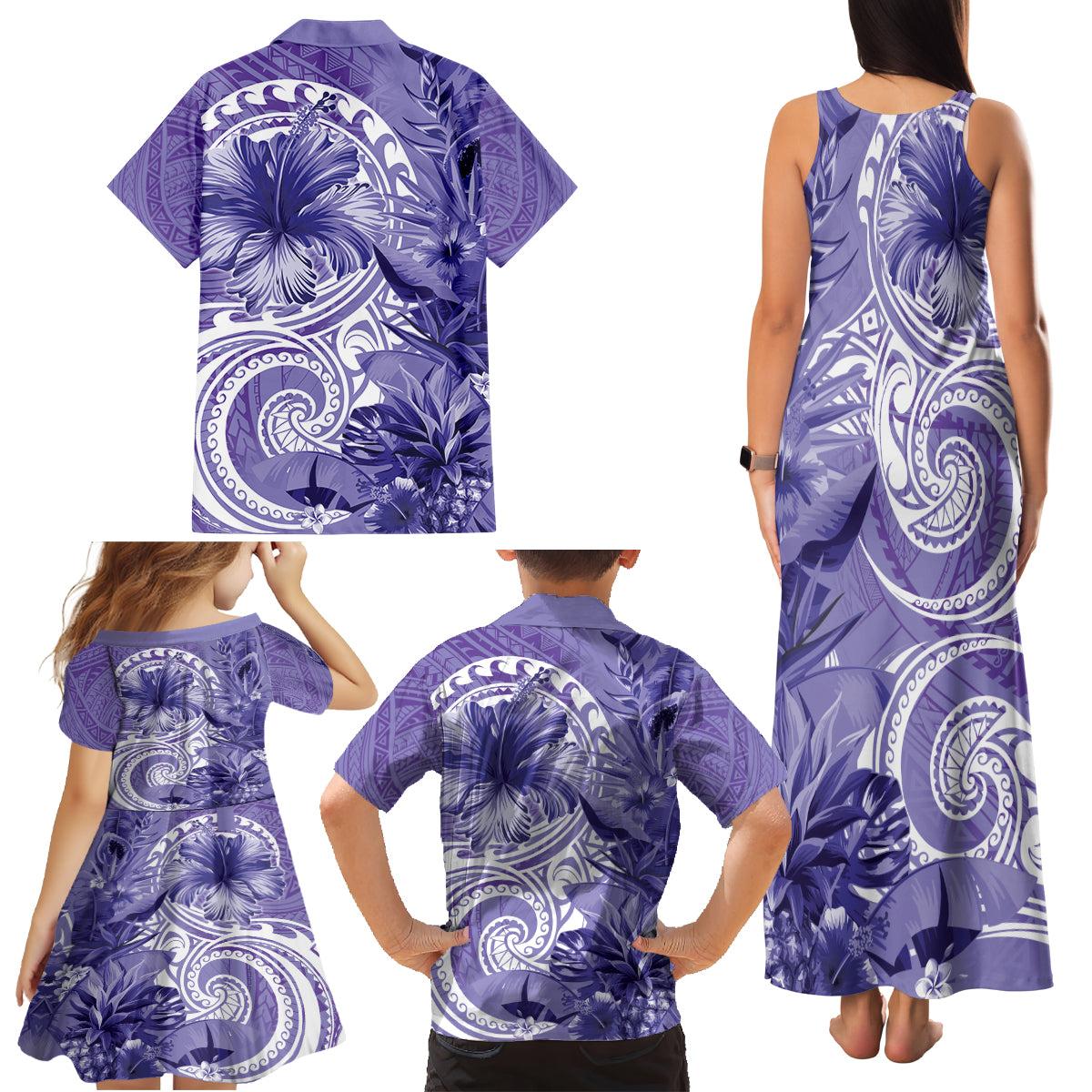 Polynesian Hibiscus Flower Tribal Family Matching Tank Maxi Dress and Hawaiian Shirt Violet Color LT9 - Polynesian Pride