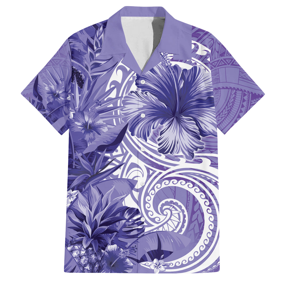 Polynesian Hibiscus Flower Tribal Family Matching Tank Maxi Dress and Hawaiian Shirt Violet Color LT9 Dad's Shirt - Short Sleeve Violet - Polynesian Pride