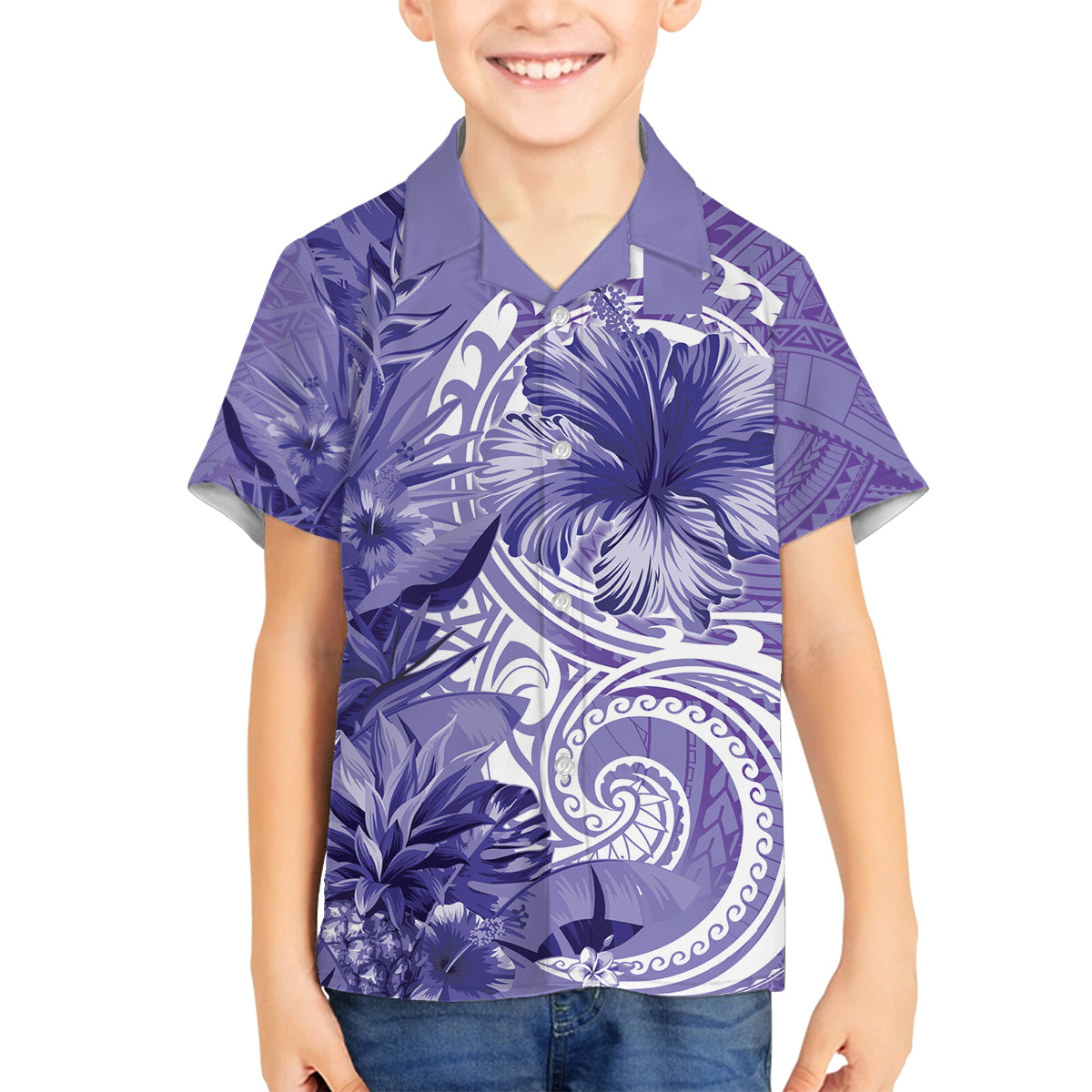 Polynesian Hibiscus Flower Tribal Family Matching Tank Maxi Dress and Hawaiian Shirt Violet Color LT9 Son's Shirt Violet - Polynesian Pride