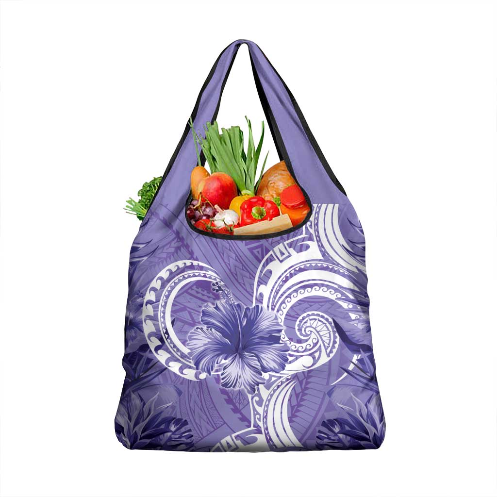 Polynesian Hibiscus Flower Tribal Grocery Bag Violet Color