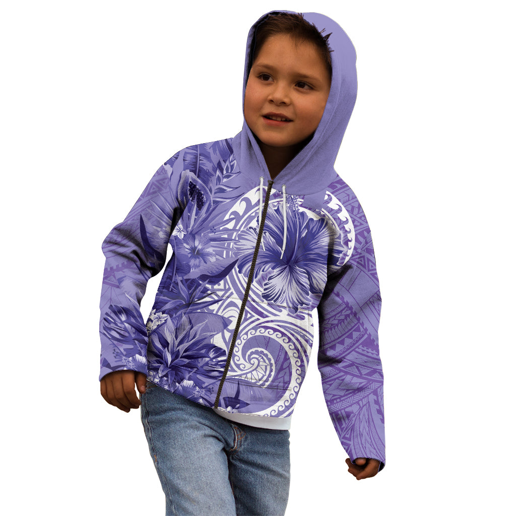 Polynesian Hibiscus Flower Tribal Kid Hoodie Violet Color