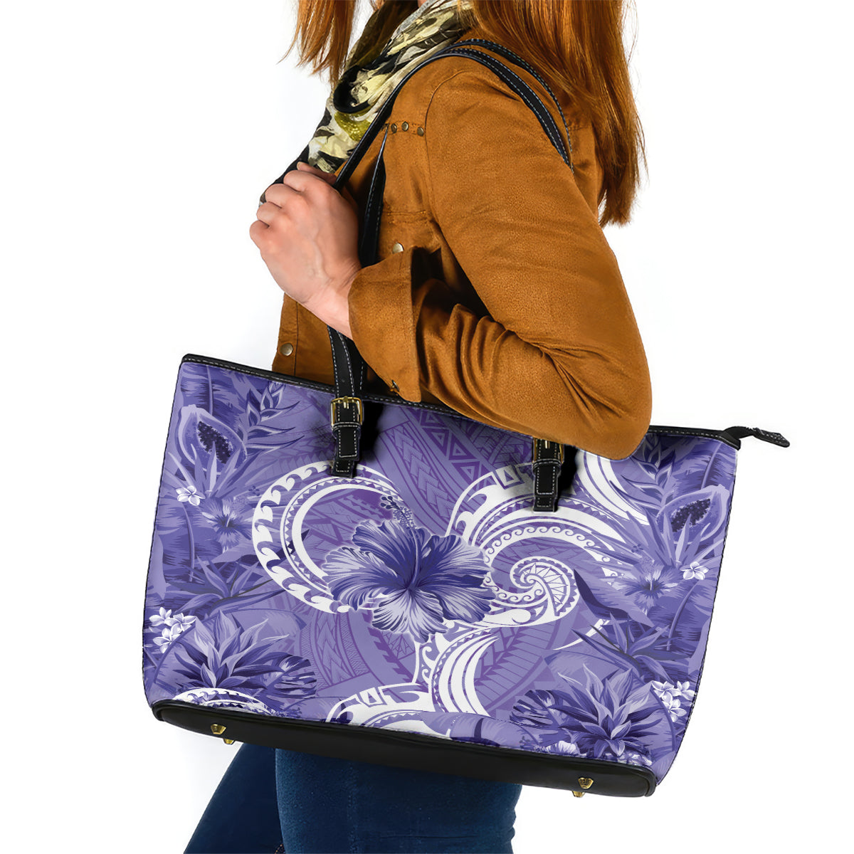 Polynesian Hibiscus Flower Tribal Leather Tote Bag Violet Color LT9 Violet - Polynesian Pride