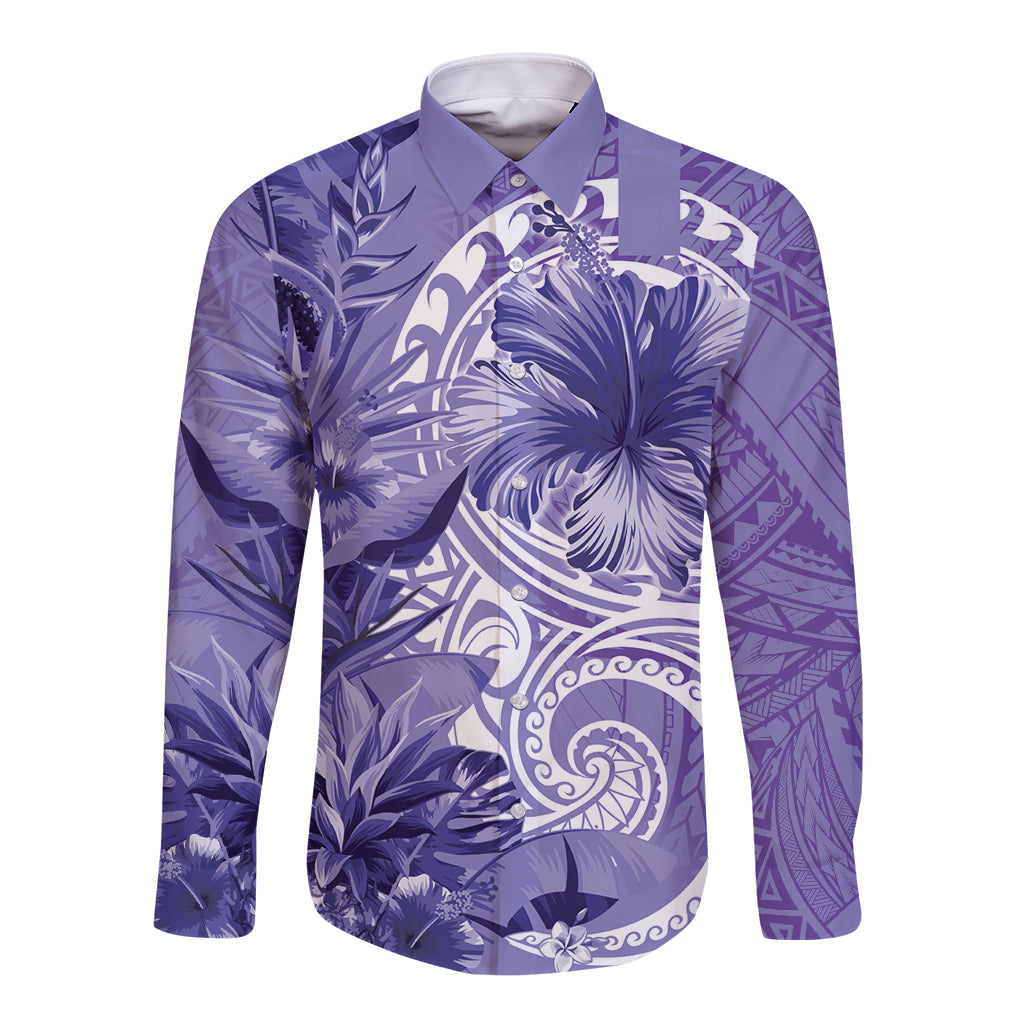 Polynesian Hibiscus Flower Tribal Long Sleeve Button Shirt Violet Color