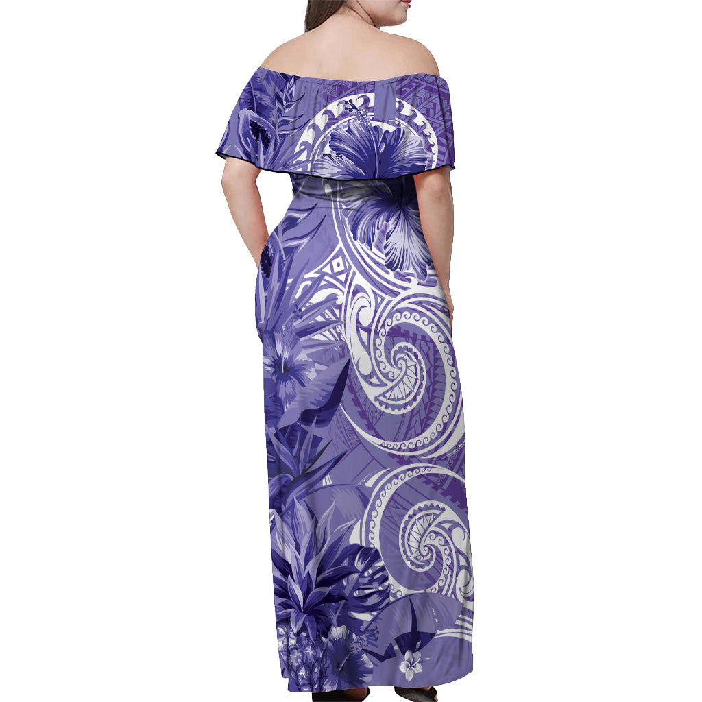 Polynesian Hibiscus Flower Tribal Off Shoulder Maxi Dress Violet Color LT9 - Polynesian Pride