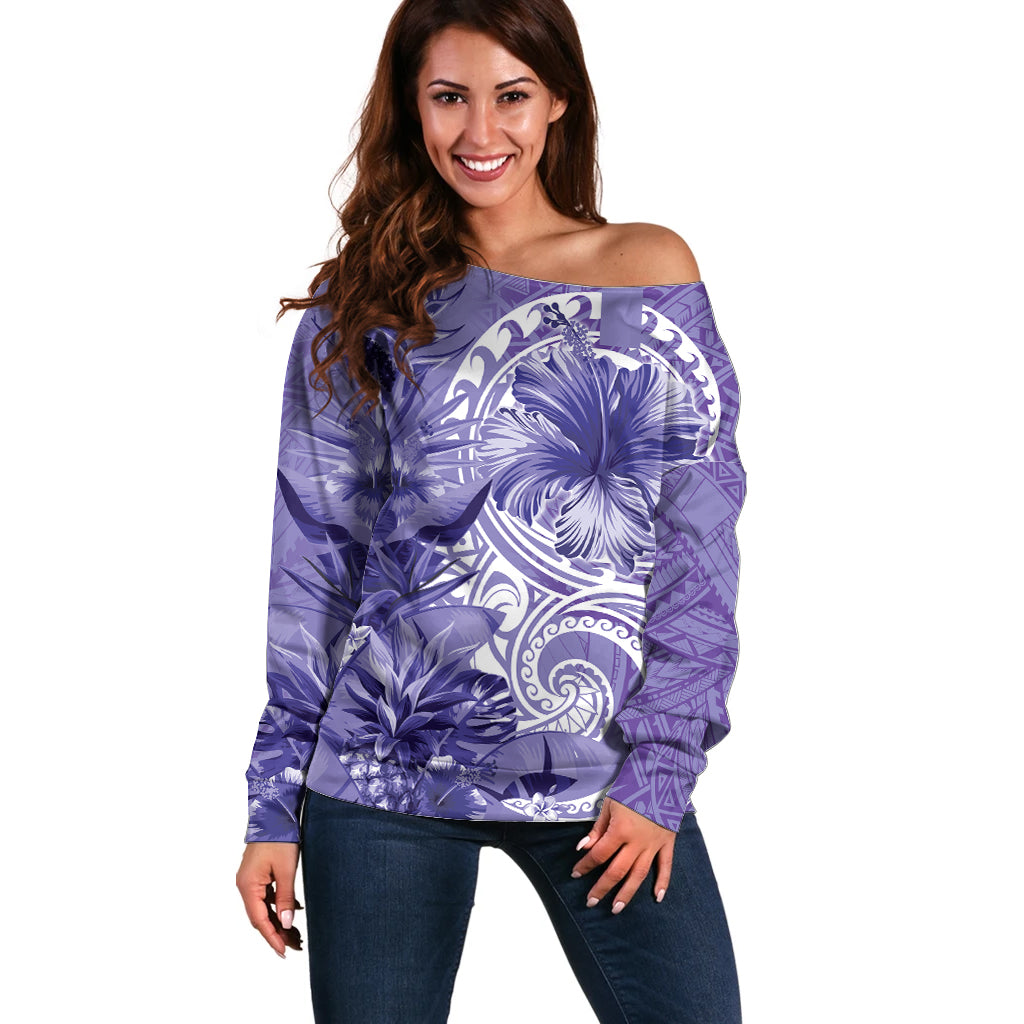 Polynesian Hibiscus Flower Tribal Off Shoulder Sweater Violet Color