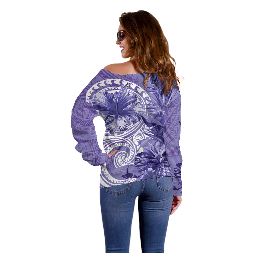 Polynesian Hibiscus Flower Tribal Off Shoulder Sweater Violet Color