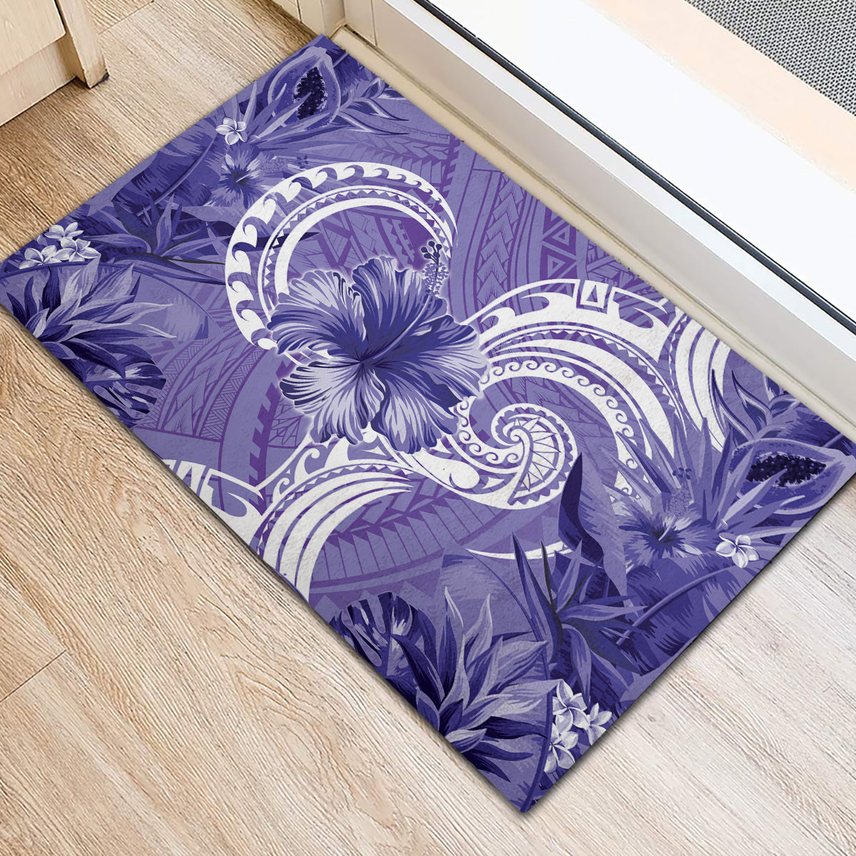 Polynesian Hibiscus Flower Tribal Rubber Doormat Violet Color