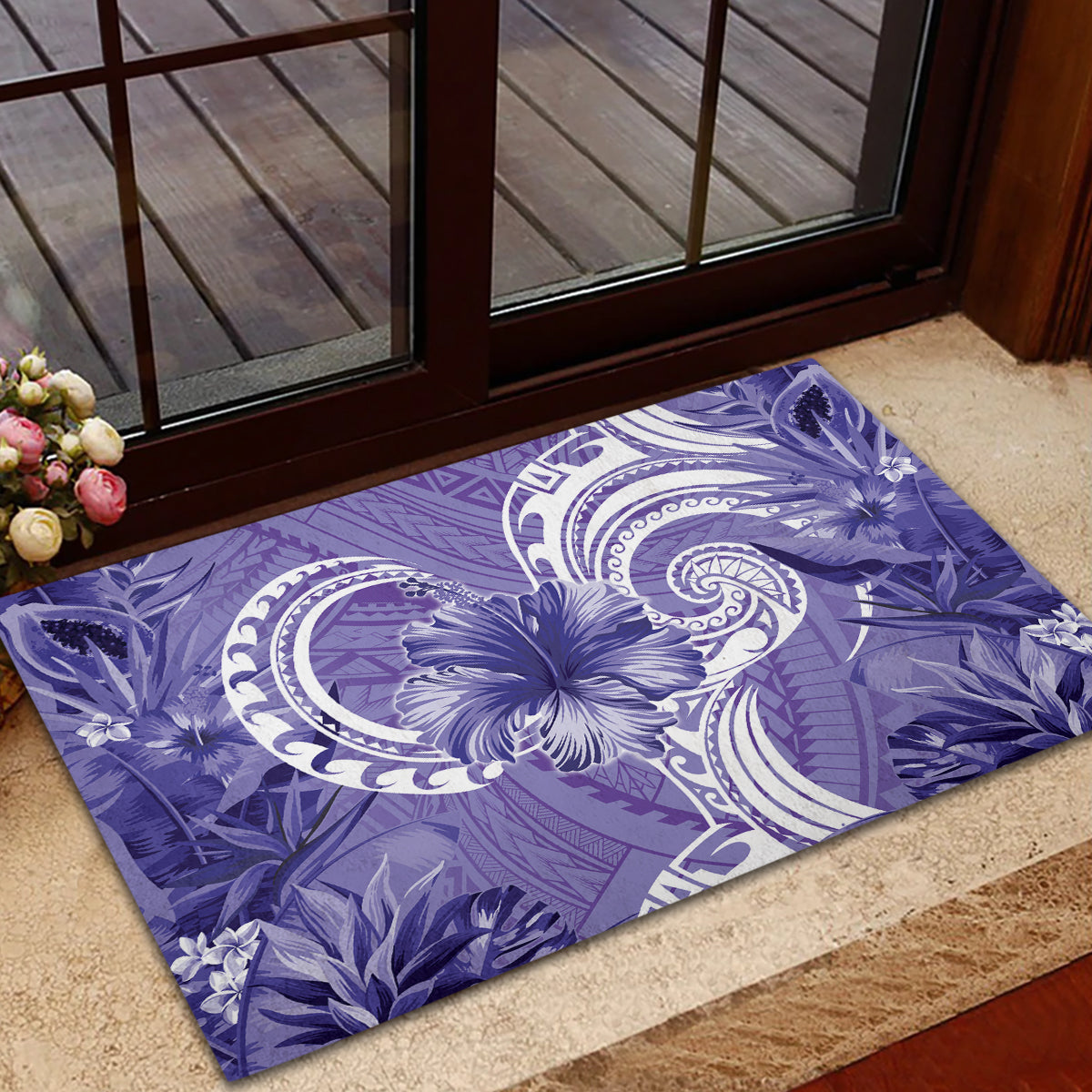 Polynesian Hibiscus Flower Tribal Rubber Doormat Violet Color