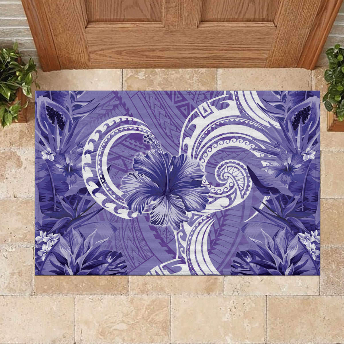 Polynesian Hibiscus Flower Tribal Rubber Doormat Violet Color