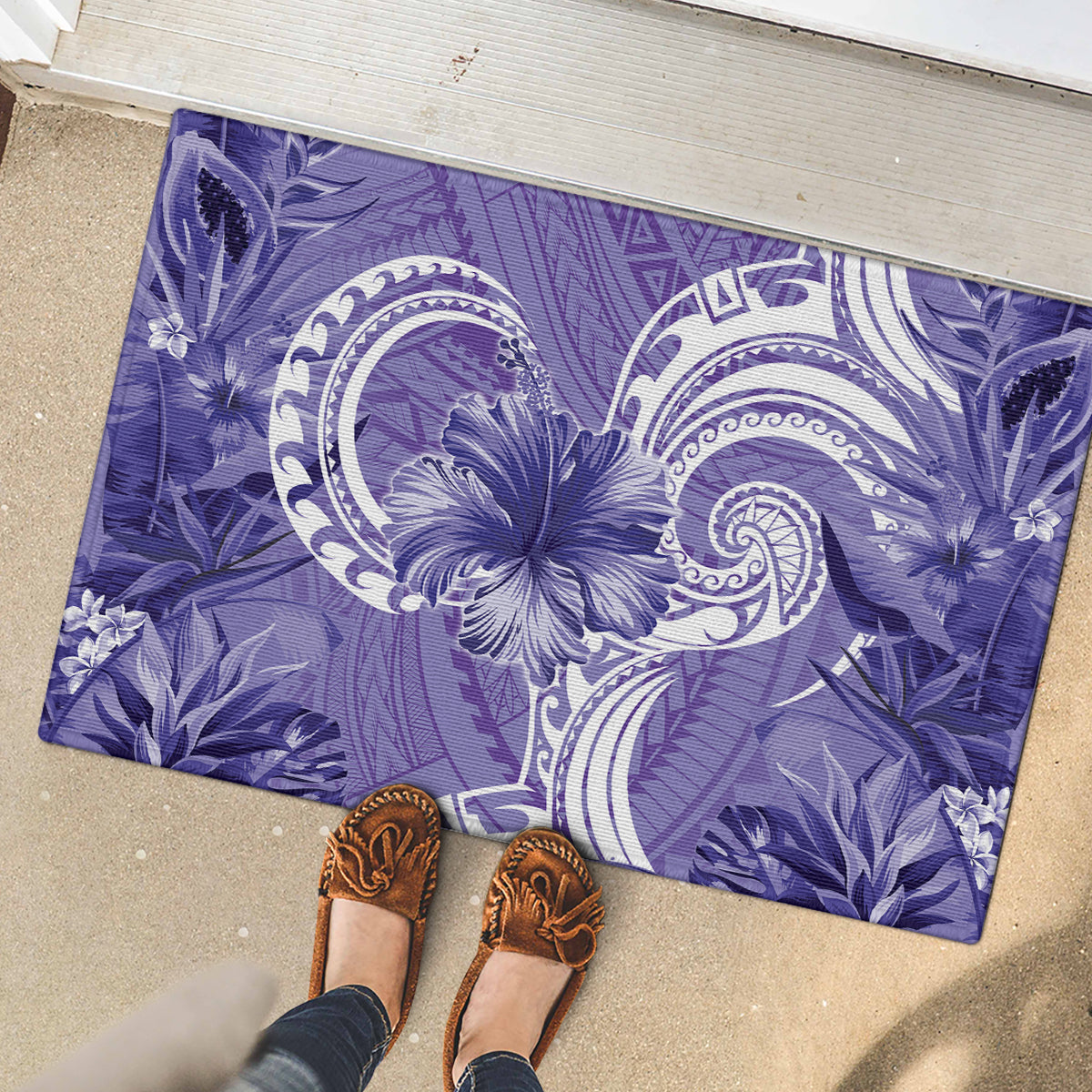 Polynesian Hibiscus Flower Tribal Rubber Doormat Violet Color