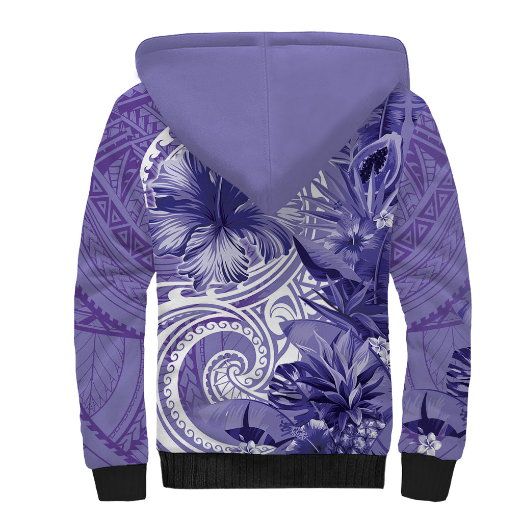 Polynesian Hibiscus Flower Tribal Sherpa Hoodie Violet Color