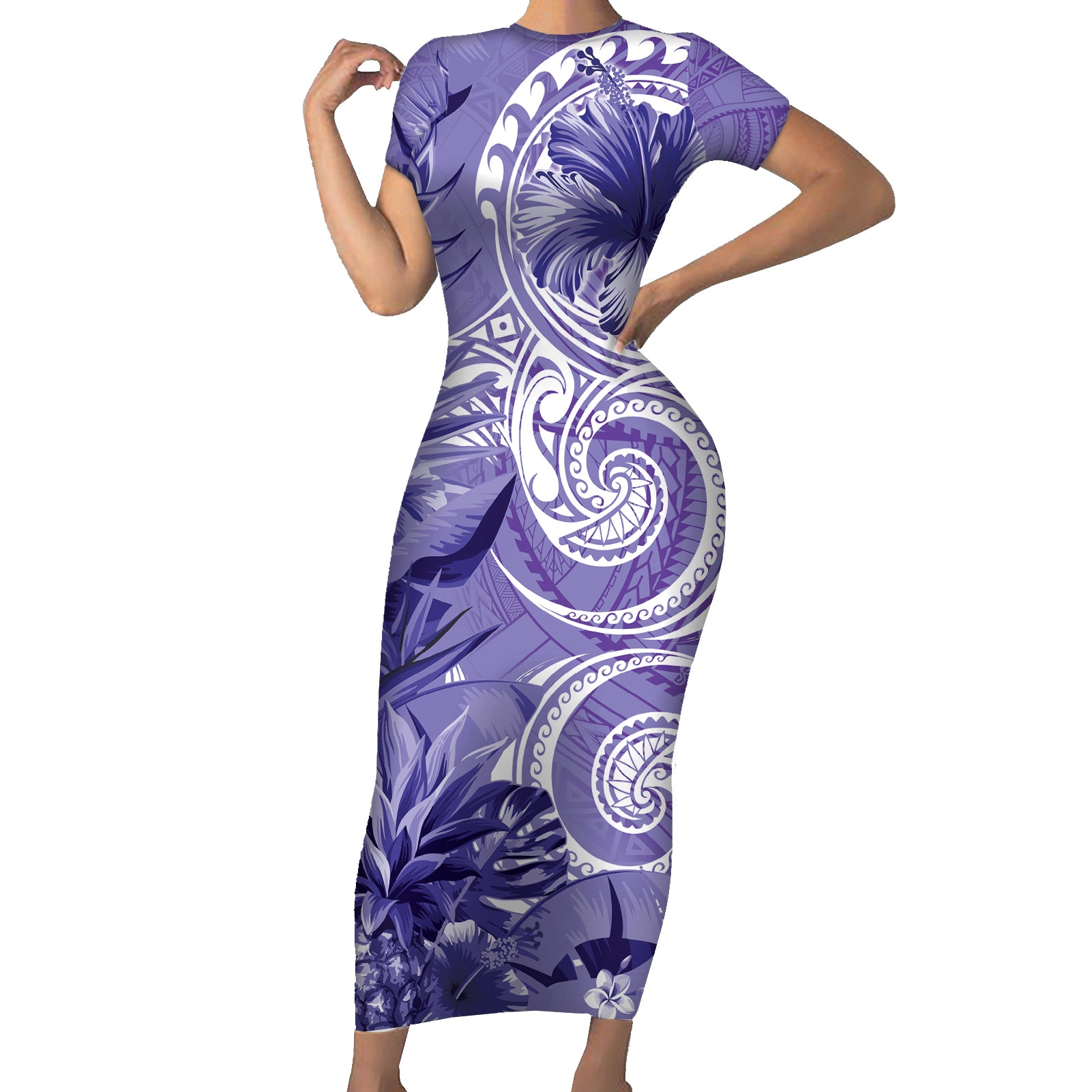 Polynesian Hibiscus Flower Tribal Short Sleeve Bodycon Dress Violet Color
