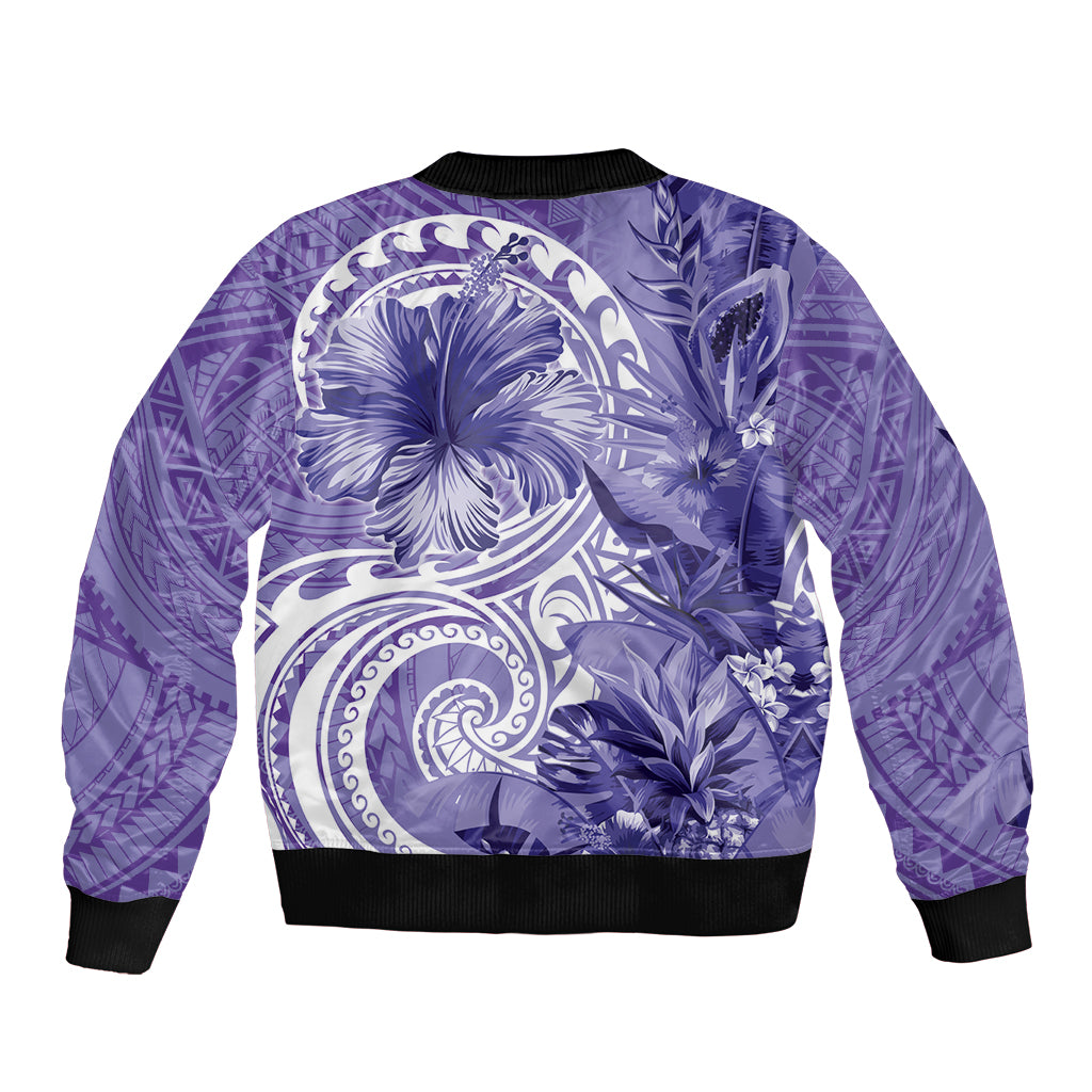 Polynesian Hibiscus Flower Tribal Sleeve Zip Bomber Jacket Violet Color