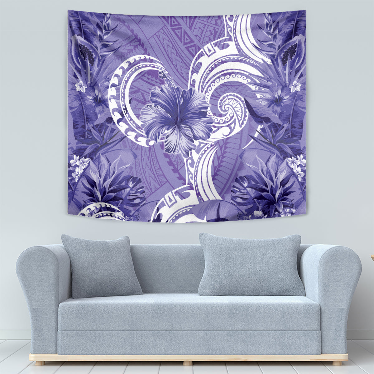 Polynesian Hibiscus Flower Tribal Tapestry Violet Color
