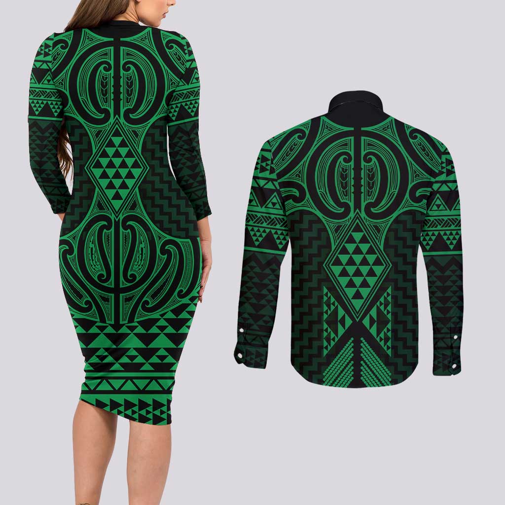 Kakariki Maori Ta Moko Poutama Art Couples Matching Long Sleeve Bodycon Dress and Long Sleeve Button Shirt LT9 - Polynesian Pride