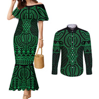 Kakariki Maori Ta Moko Poutama Art Couples Matching Mermaid Dress and Long Sleeve Button Shirt LT9 Green - Polynesian Pride