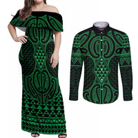 Kakariki Maori Ta Moko Poutama Art Couples Matching Off Shoulder Maxi Dress and Long Sleeve Button Shirt LT9 Green - Polynesian Pride