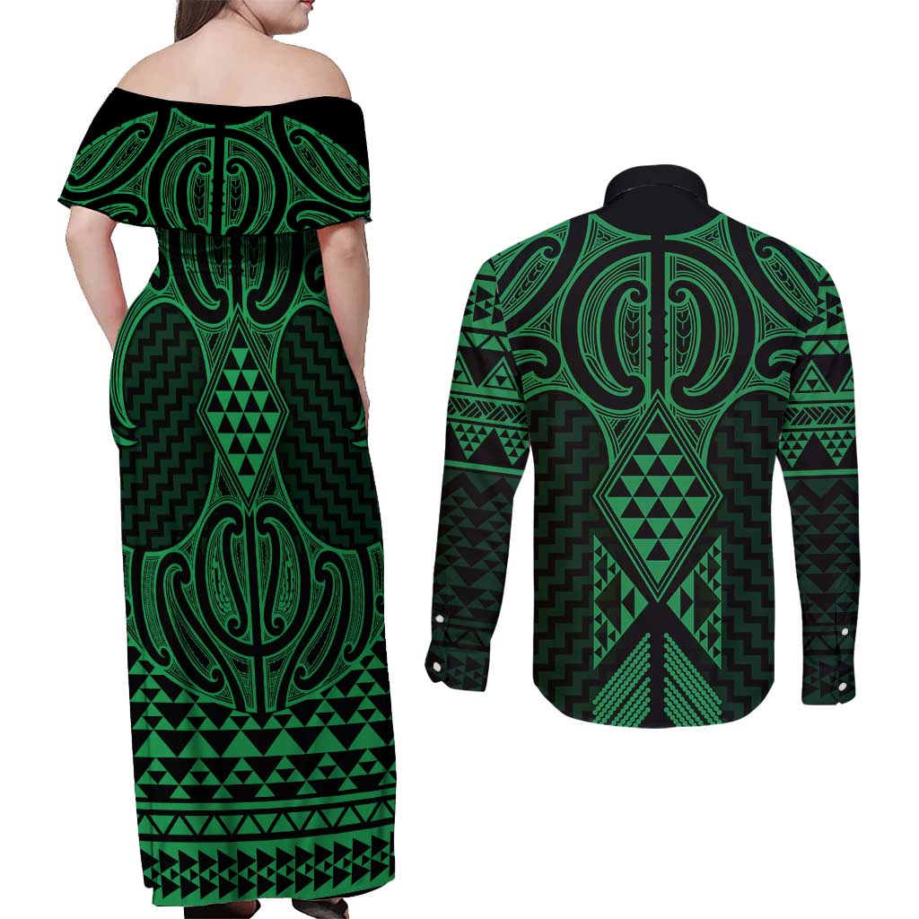 Kakariki Maori Ta Moko Poutama Art Couples Matching Off Shoulder Maxi Dress and Long Sleeve Button Shirt LT9 - Polynesian Pride