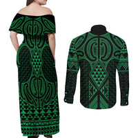 Kakariki Maori Ta Moko Poutama Art Couples Matching Off Shoulder Maxi Dress and Long Sleeve Button Shirt LT9 - Polynesian Pride