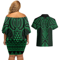 Kakariki Maori Ta Moko Poutama Art Couples Matching Off Shoulder Short Dress and Hawaiian Shirt LT9 - Polynesian Pride
