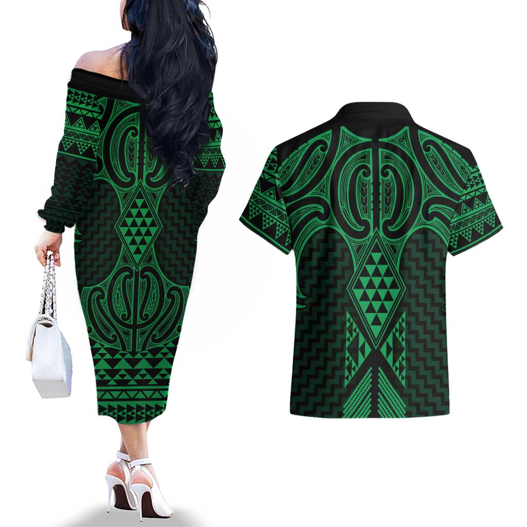 Kakariki Maori Ta Moko Poutama Art Couples Matching Off The Shoulder Long Sleeve Dress and Hawaiian Shirt