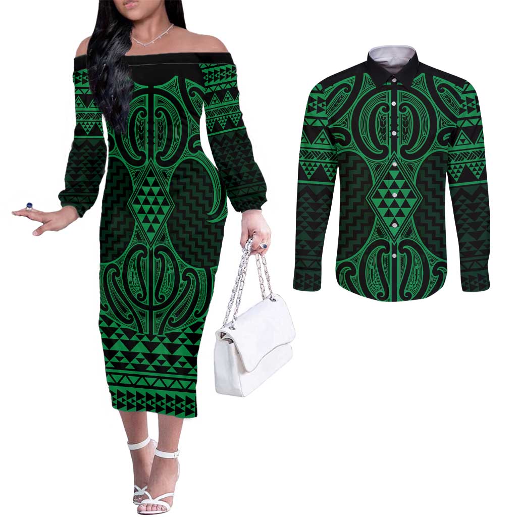 Kakariki Maori Ta Moko Poutama Art Couples Matching Off The Shoulder Long Sleeve Dress and Long Sleeve Button Shirt LT9 Green - Polynesian Pride